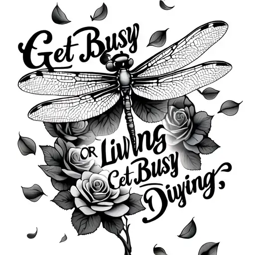 a dragonfly flying through the words Get Busy Living Or Get Busy Dying with rose petals  tattoo design idea