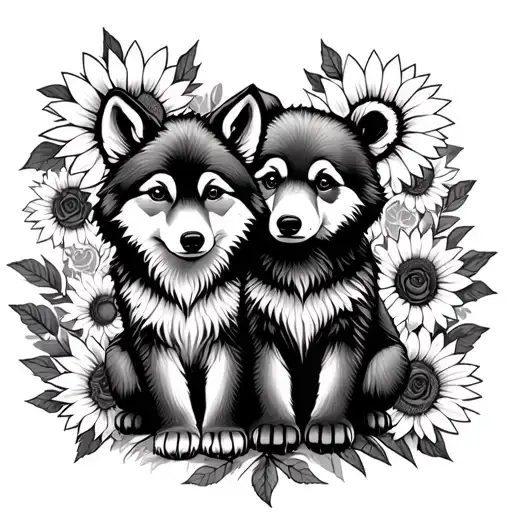  cute baby wolf and bear sitting with sunflowers and roses. black tattoo design idea