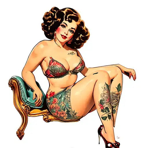 Tan skinned Latina with brown eyes, Full body posing vintage pin up girl sitting tattoo design idea