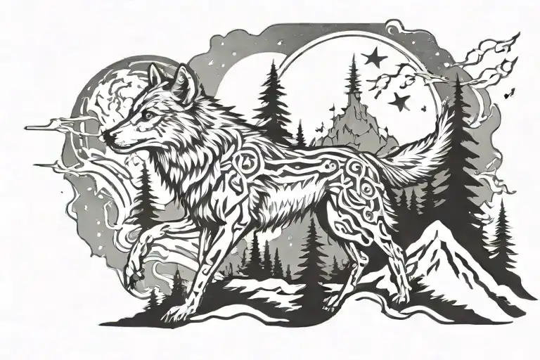 Wolf, Night, Cross on Mountain Top tattoo design idea