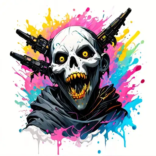 cartoon, fantasy, anime, 3D, blurry, messy background, colorful overload, surreal elements, horror, sci-fi, low detail, tattoo design idea