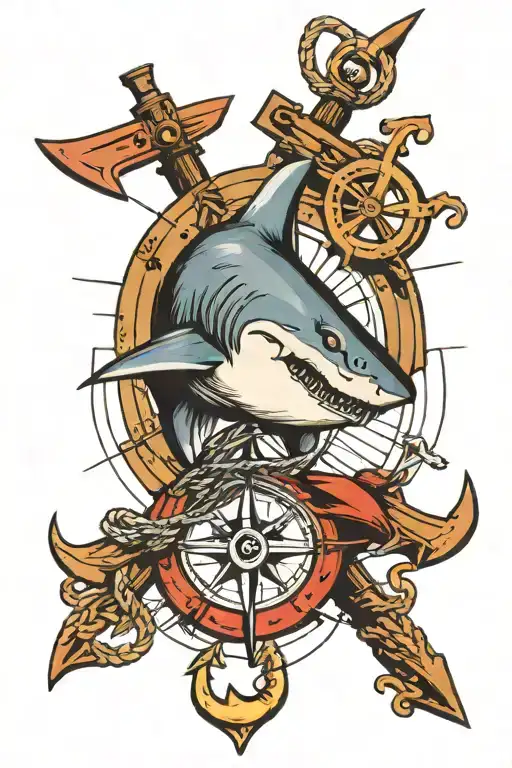 shark with anchor compass and rope  tattoo design idea