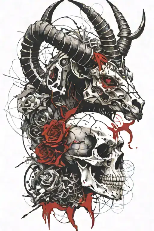 Capricorn goat skull with horns holding an female warrior tattoo design idea