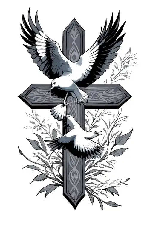 skinny cross with doves flying tattoo design idea