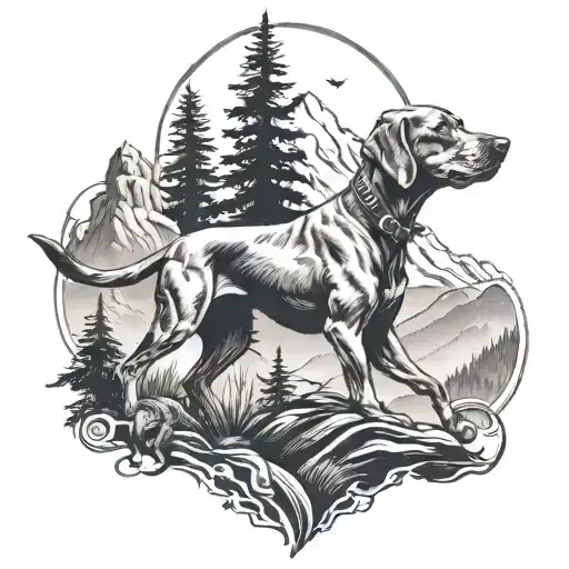 viszla dog hunting mountains birds gun tattoo design idea