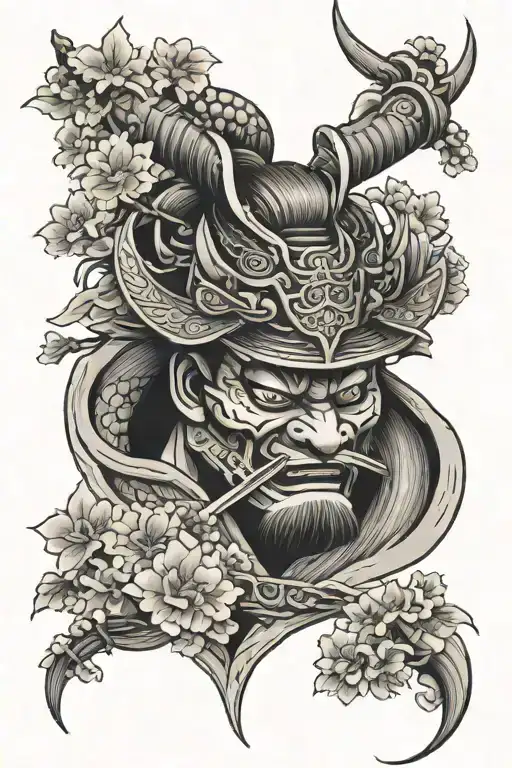 samurai in the center, oni mask below, temple with a foodog above, waves around all the art and cherry blossoms to harmo tattoo design idea