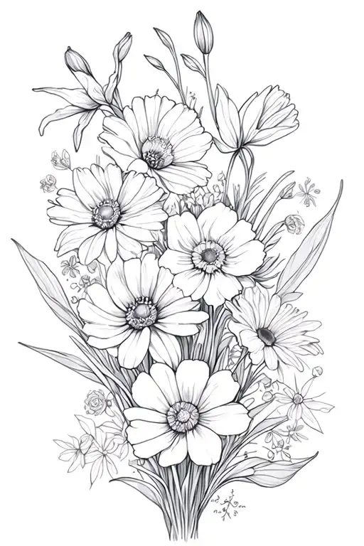bouquet fine line with paperwhites, poppies, daises, wildflowers, daffodils, cosmos, and tulips tattoo design idea