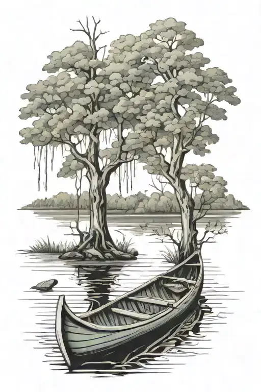 lake birch trees canoe "rise free from care" tattoo design idea