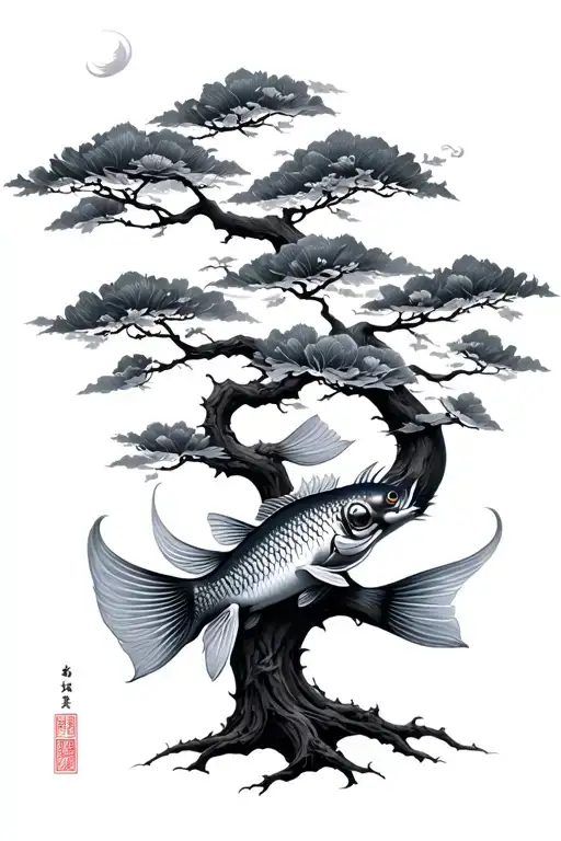 coi fish tree with Chinese symbols tattoo design idea