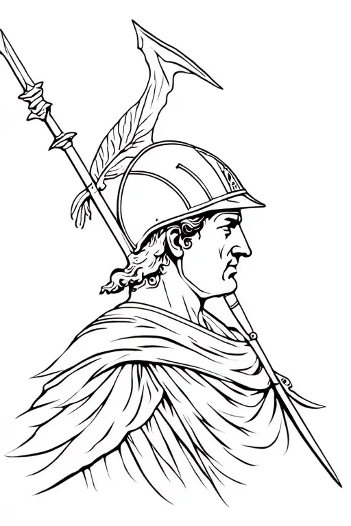 Head of Roman soldier in profile with spear and blade tattoo design idea