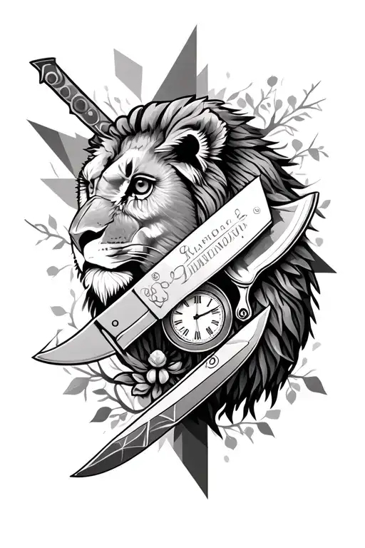 geometric right arm sleeve consisting of lion, owl, chef knife, tree of life, clock tattoo design idea