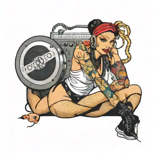 Power woman with bandana and septum as puppet of a techno dj party full body fishnet tights hot pants tattoo design idea