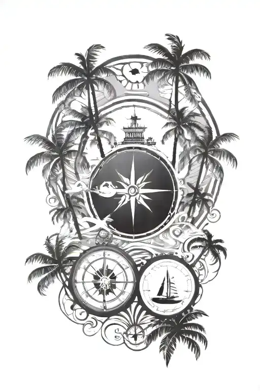 family black silhouttes (Father, mother, son), sea, palm trees, compass, monograms. tattoo design idea