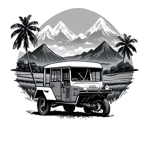 jeepney, tricycle, rice fields with mountains tattoo design idea