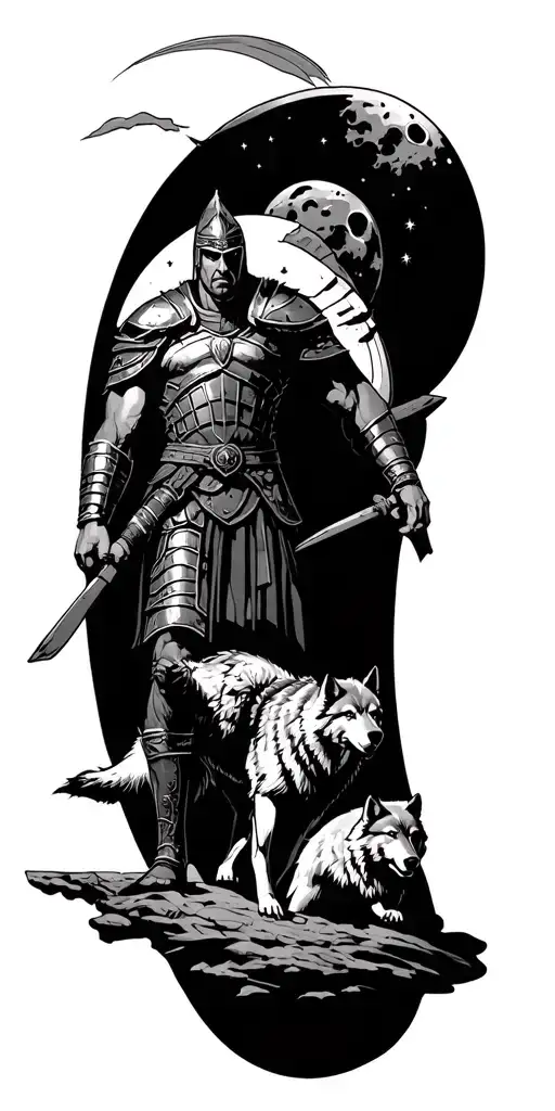 gladiator and wolves driving him to the moon tattoo design idea