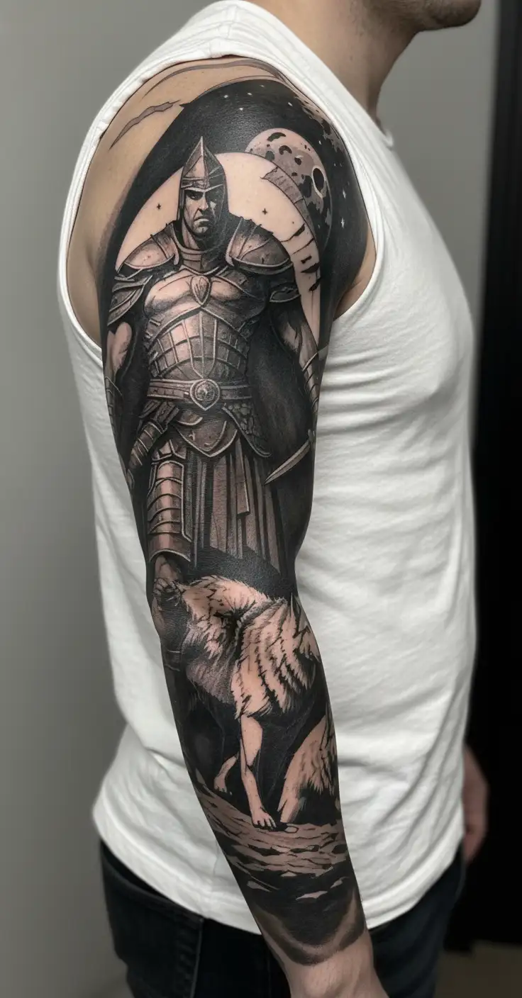 gladiator and wolves driving him to the moon tattoo design idea