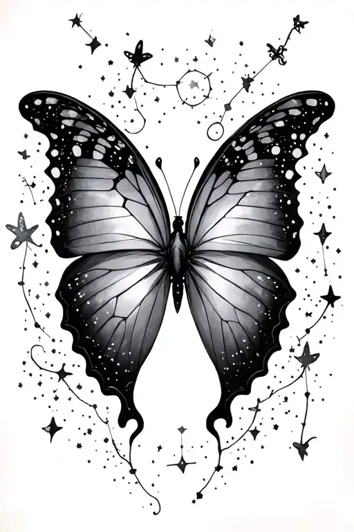 fading butterfly and Lyra constellation combined tattoo design idea