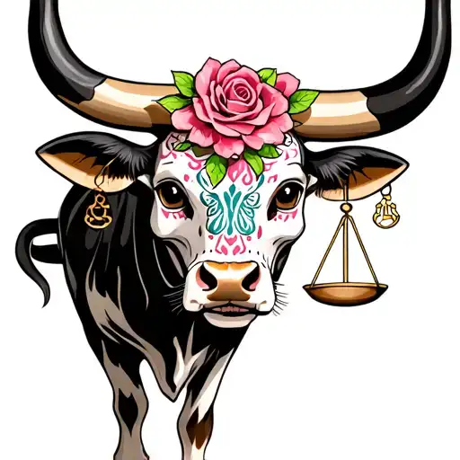 feminine bull with sugar skull markings, brown eyes and 2 Libra scales and dark background tattoo design idea