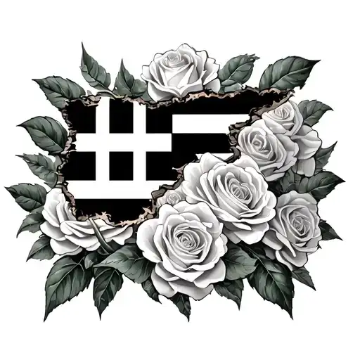 Greek flag but ripped effect surrounded by white roses and turtle shell pattern to fill the background on a mans forearm tattoo design idea