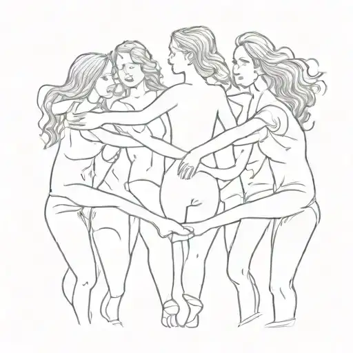 A sketch tattoo of a group of diverse women holding hands and dancing, symbolizing unity and empowerment tattoo design idea