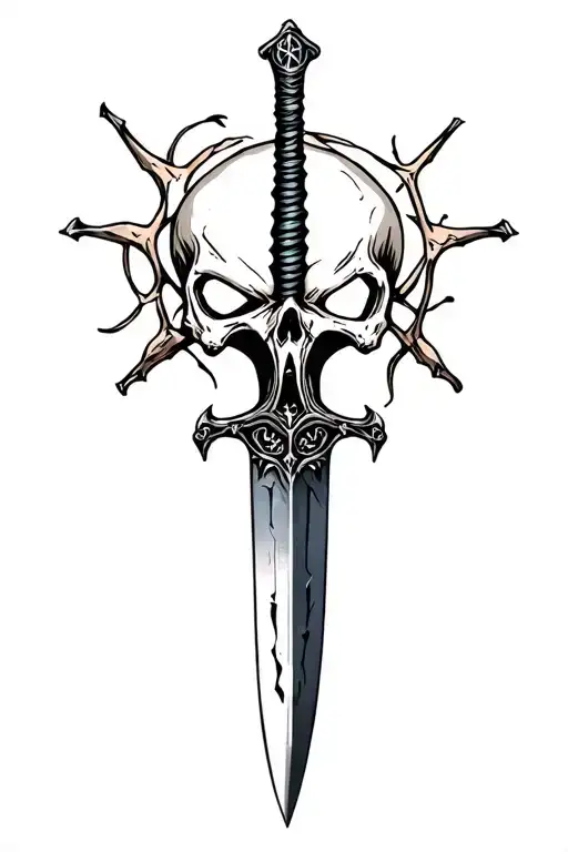 Sharp long dagger with runes shaded skull head tattoo design idea