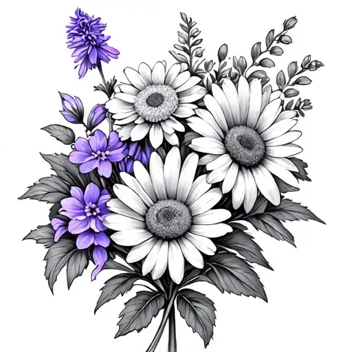 A very small tattoo with 1 violet, 1 Marguerite, 1 Delphinium and 1 chrysanthemum which forms a small bouquet tattoo design idea