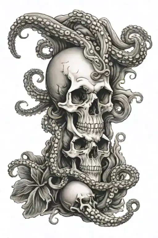 an octopus with a human skull as its head sitting on top of a long skinny piece of coral  tattoo design idea