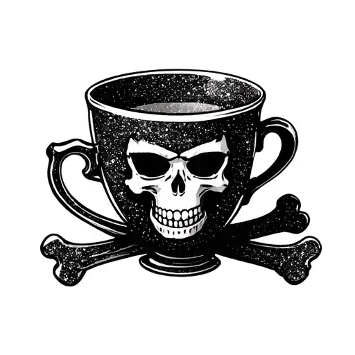 tea cup with two handles a skull and cross bones on it, glitter tattoo design idea