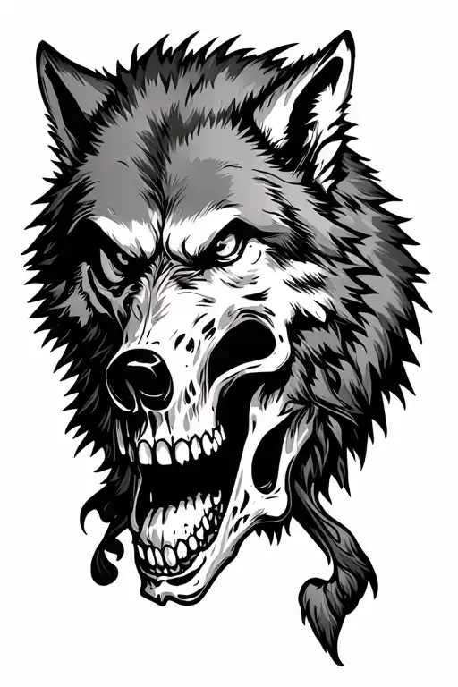 angry Wolf with skull underneath tattoo design idea