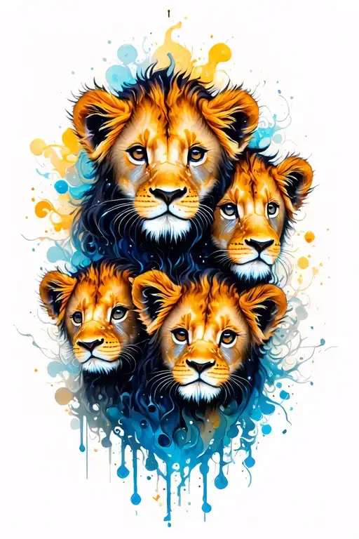 3 baby lion cubs with zodiac symbol tattoo design idea