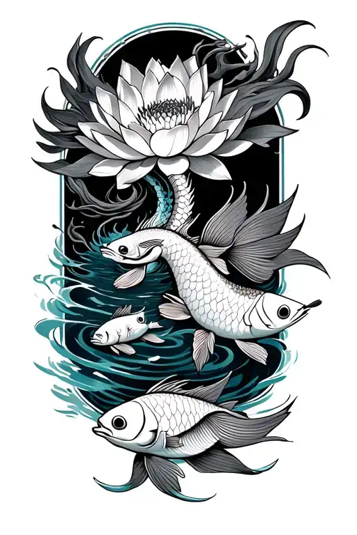 ryujin with lotus and 3 kio fish swimming upstream tattoo design idea