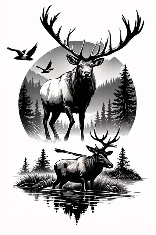 elk, ducks flying, man hunting, forest scene tattoo design idea