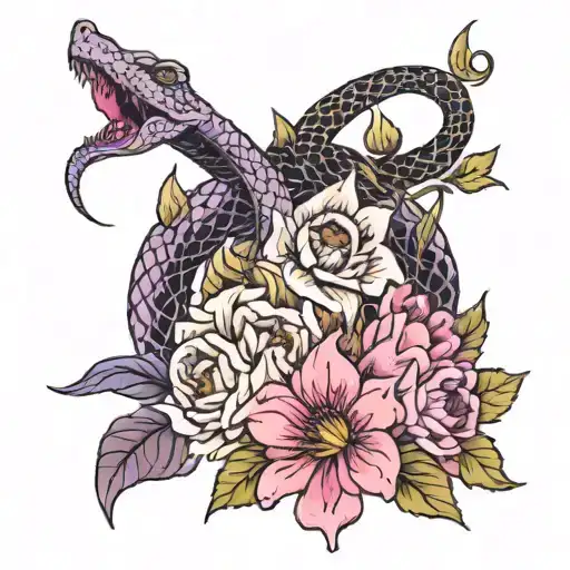 a cluster of sunflowers, pink daisies, peonies, purple lilies, and roses with snake threaded through. few flowerbuds tattoo design idea