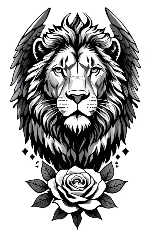 lion head surrounded by angel wings and a rose below the lions head  tattoo design idea