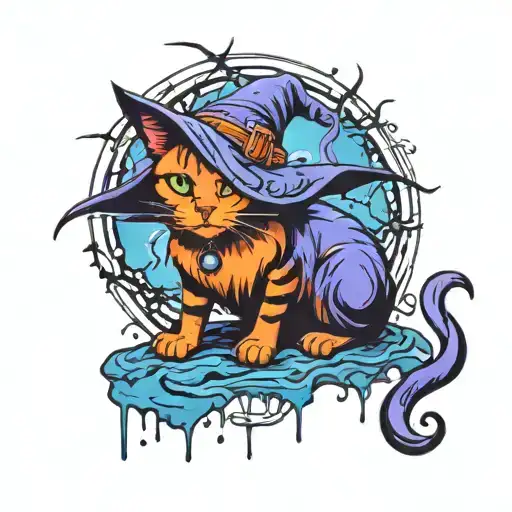 cat + halloween + witch tattoo design idea