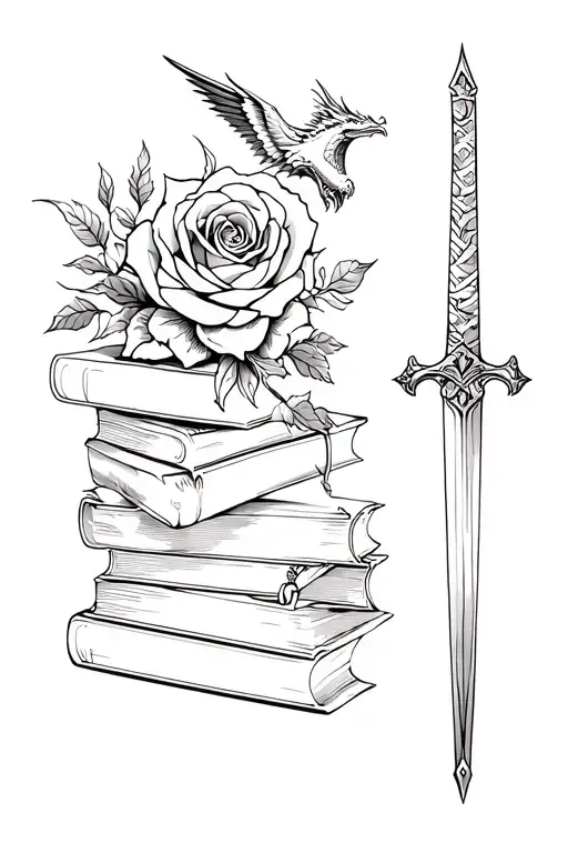 stack of books with a dragon, rose, bird in flight, and sword tattoo design idea