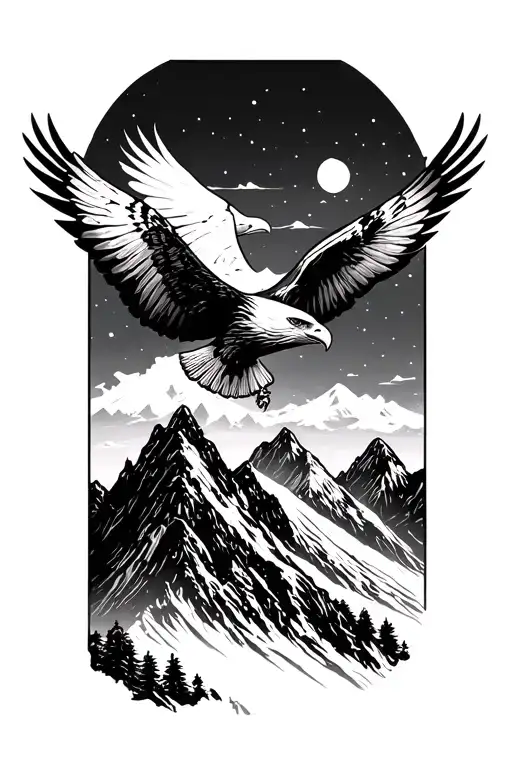 mountains, with eagle soaring attached to the mountain, fine line minimalistic tattoo design idea
