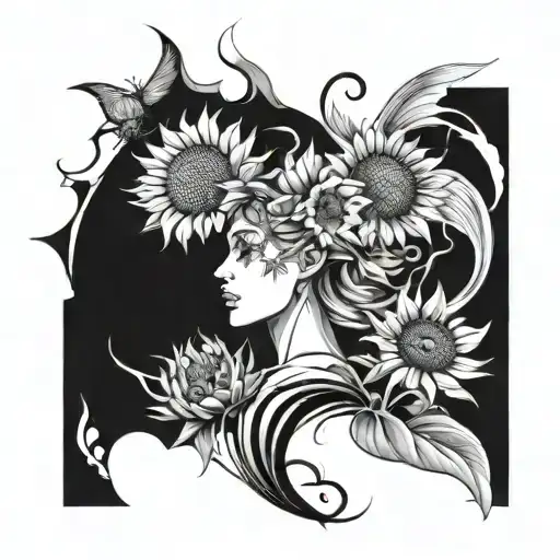 An abstract representation of mental health struggles and triumphs, incorporating elements of sunflowers, fairies, infinity, and waves tattoo design idea