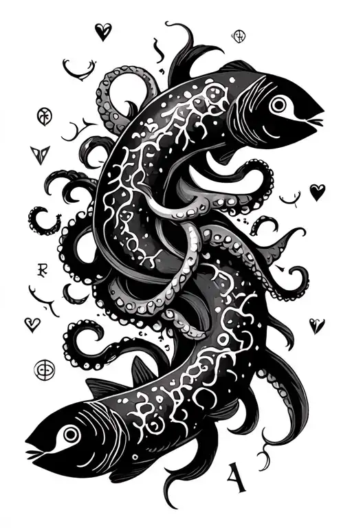 Tentacles and Fish with runic symbols of love and prosperity, with scattered pisces symbols tattoo design idea