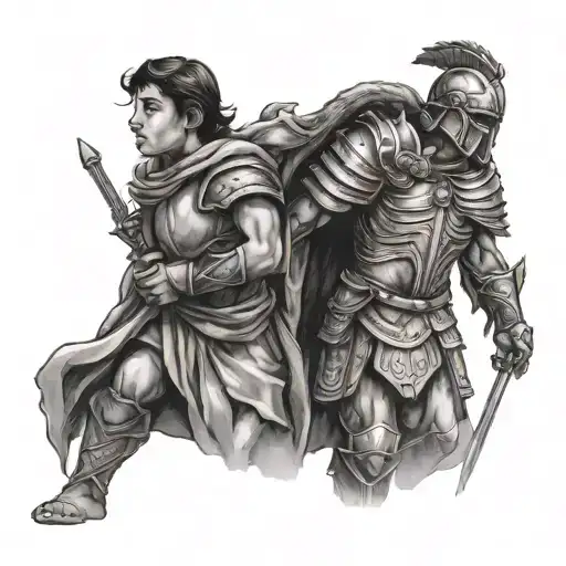 Centurion protecting child walking tattoo design idea