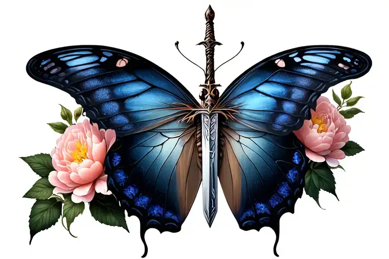 a gothic-style butterfly with a thin sword replacing the butterfly's body and a peony on each side of the butterfly tattoo design idea