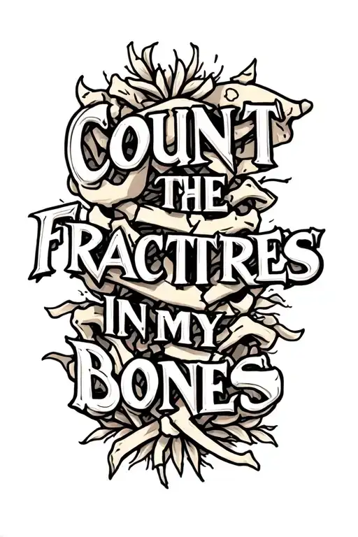 The text" count the fractures in my bones" in a bold font and an image of broken bones tattoo design idea
