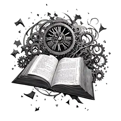 A mystical library scene with an open book floating in mid-air, surrounded by swirling clock gears and broken pieces tattoo design idea