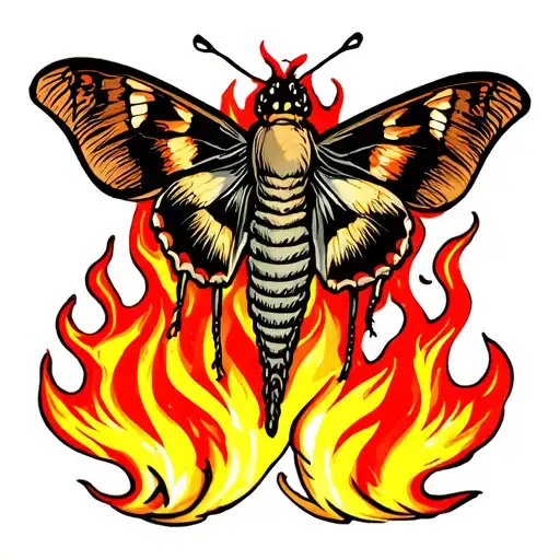 moth emerging from fire flames tattoo design idea