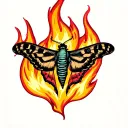 moth emerging from fire flames tattoo design idea