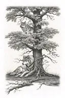 wolf under a oak tree tattoo design idea