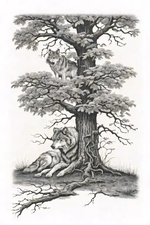 wolf under a oak tree tattoo design idea