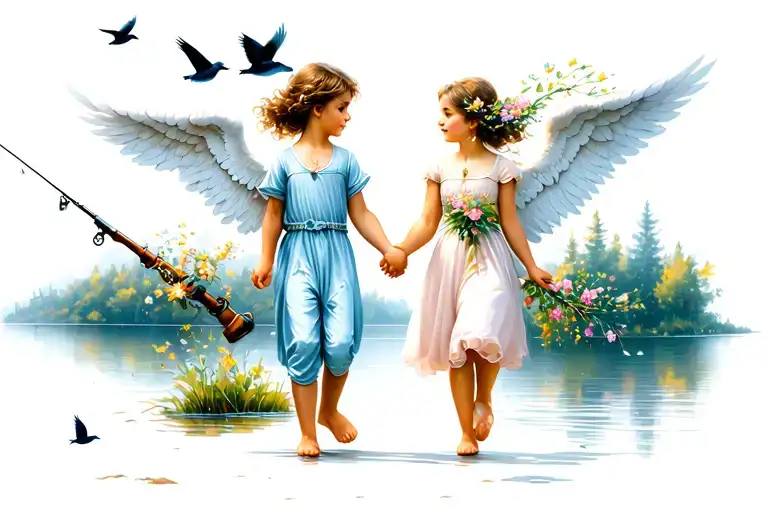 Girl, boy angels hold hands. Boy fishing pole on shoulder, girl hold flowers, walk path towards lake, 4 birds flying tattoo design idea