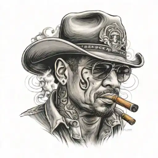 Chicano gangster smoking a cigar with gun smoke in the back ground and family written in spray paint writing above head tattoo design idea