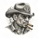 Chicano gangster smoking a cigar with gun smoke in the back ground and family written in spray paint writing above head tattoo design idea